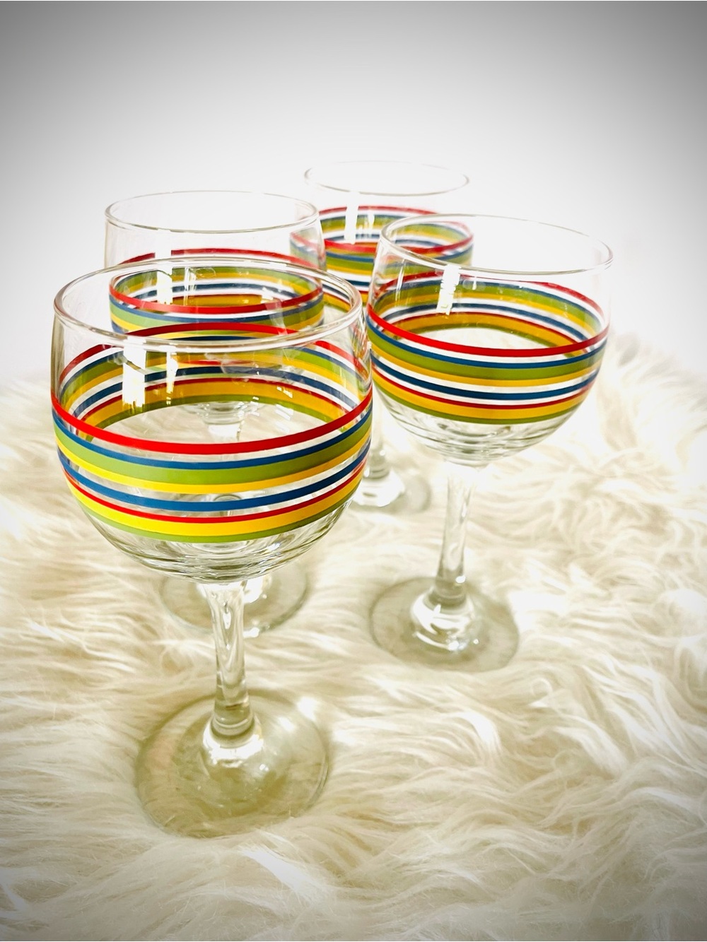 4 VTG Libbey Mambo Fiesta Glass wine Goblets Striped Drinking Colorful Multi